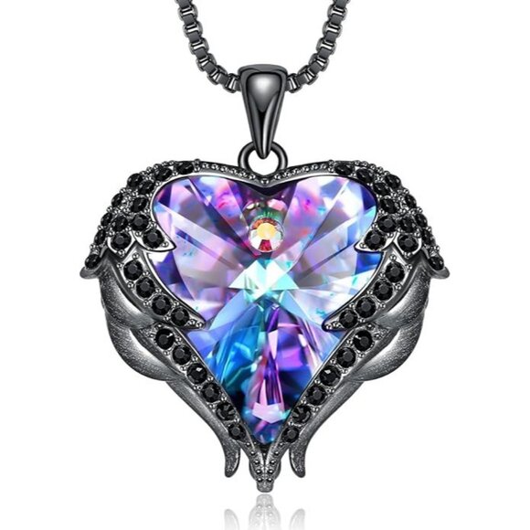 Sidney Angel Wings Necklace – Celtic Crystal Design Jewelry Black-02-Feb. Amethsy Purple Birthstone Angel Wings Love Heart Silver Necklace